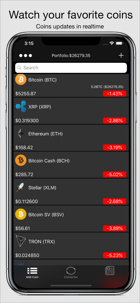 Cryptomaniac - Cryptomaniac app interface displaying real-time cryptocurrency prices and portfolio holdings in dark mode