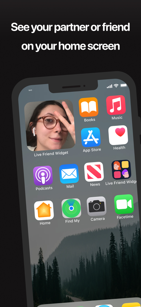 Comet: Live Friends Widget - Uma tela inicial de iPhone com um widget de foto ao vivo de um amigo com o aplicativo Comet