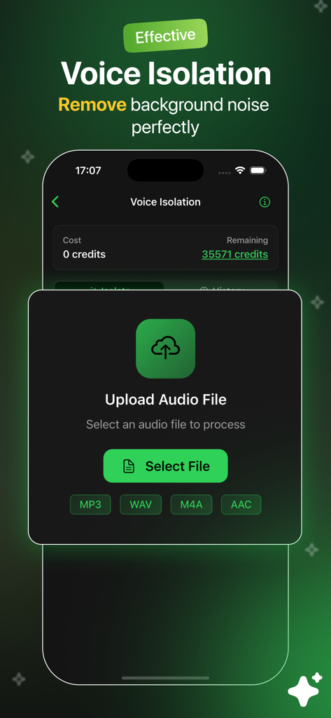 AI Voice Changer - TTS - Mobile app interface showing the voice isolation feature for background noise removal from audio files