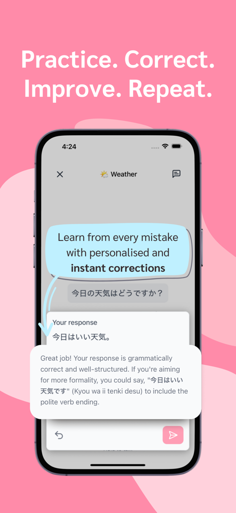 A screenshot of the Hanashi app interface showing instant AI grammar feedback and corrections during a Japanese conversation practice session.