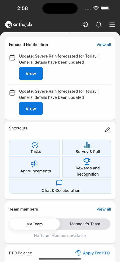 OnTheJob app home screen showing employee notifications shortcuts for tasks and rewards and PTO balance section
