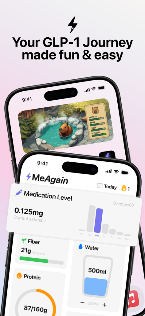 MeAgain: GLP-1 all-in-one app - Interfaz de la aplicación móvil MeAgain para rastrear los niveles de medicación GLP-1 y métricas de salud con un widget gamificado