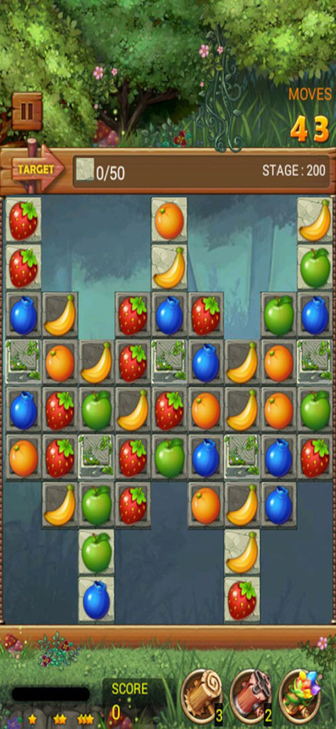 Una captura de pantalla de Fruits Forest Rainbow Apple mostrando un juego de puzzle match-3 con varios iconos de frutas.