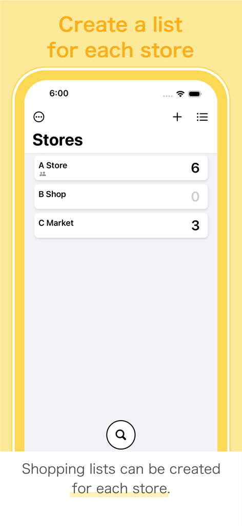 Shopping Lists+ Share&History - AストアやBショップなどの個別の店舗ごとにカテゴリ分けされたショッピングリストを表示するショッピングリストプラスアプリのスマートフォン画面。