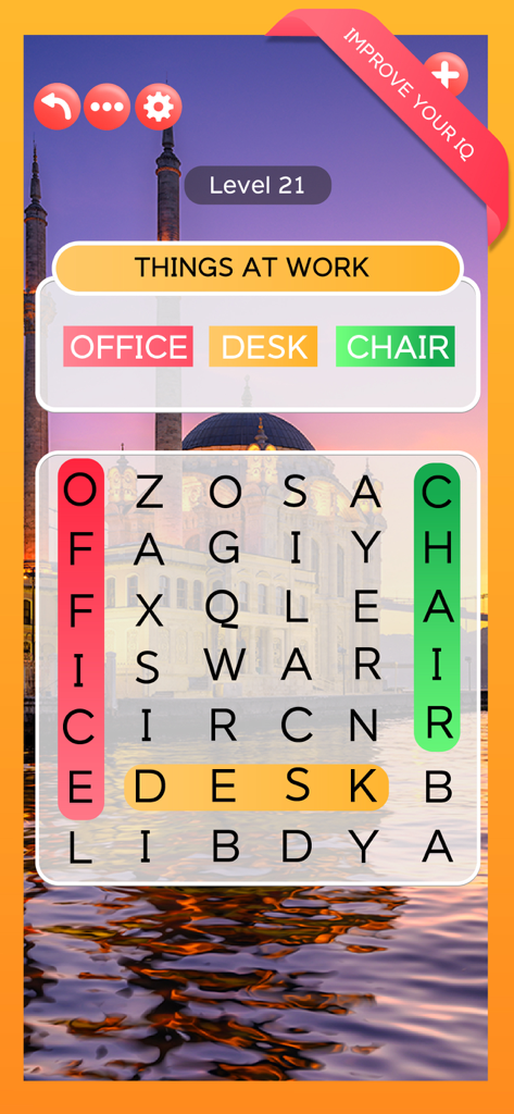 A word search puzzle level in the Word Voyage app with a sunset mosque background and found words highlighted.