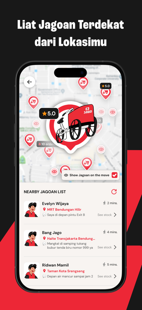 Jago mobile app showing a map with nearby electric coffee cart locations and a list of available baristas with arrival times