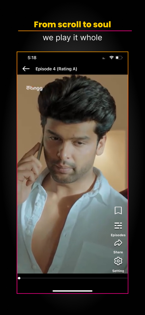 ALTT – Webseries & Movies - Captura de pantalla de la aplicación ALTT que muestra un video vertical de un hombre en una llamada telefónica con un eslogan que dice: Del desplazamiento al alma, lo reproducimos todo.