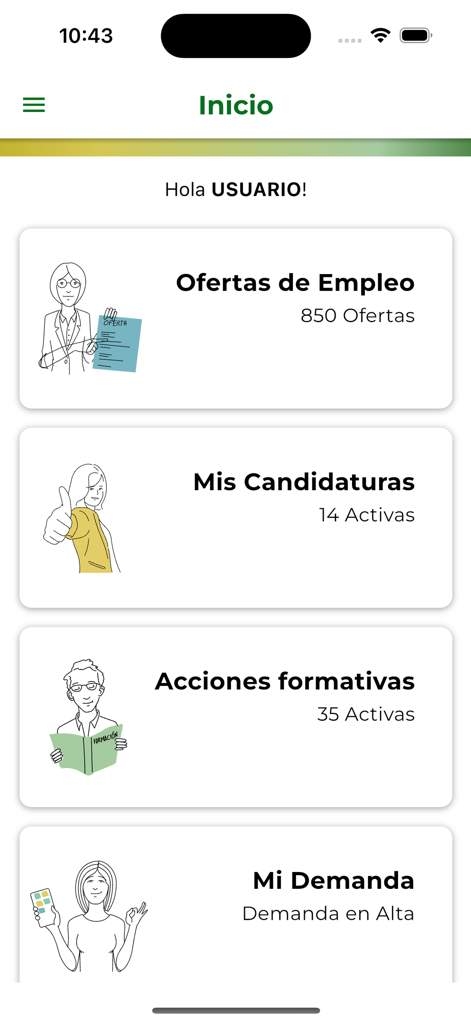 Pantalla de inicio de la aplicación del Servicio Andaluz de Empleo mostrando ofertas de empleo, solicitudes y opciones de formación