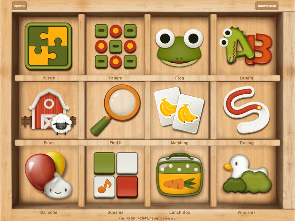 The main dashboard of the Injini app displaying twelve colorful icons for different learning games organized on a wooden shelf.