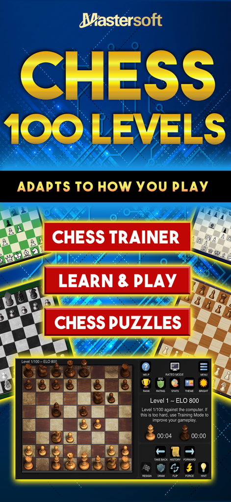 Interfaz de la aplicación Chess Pro destacando 100 niveles y modos de juego que incluyen entrenador y rompecabezas