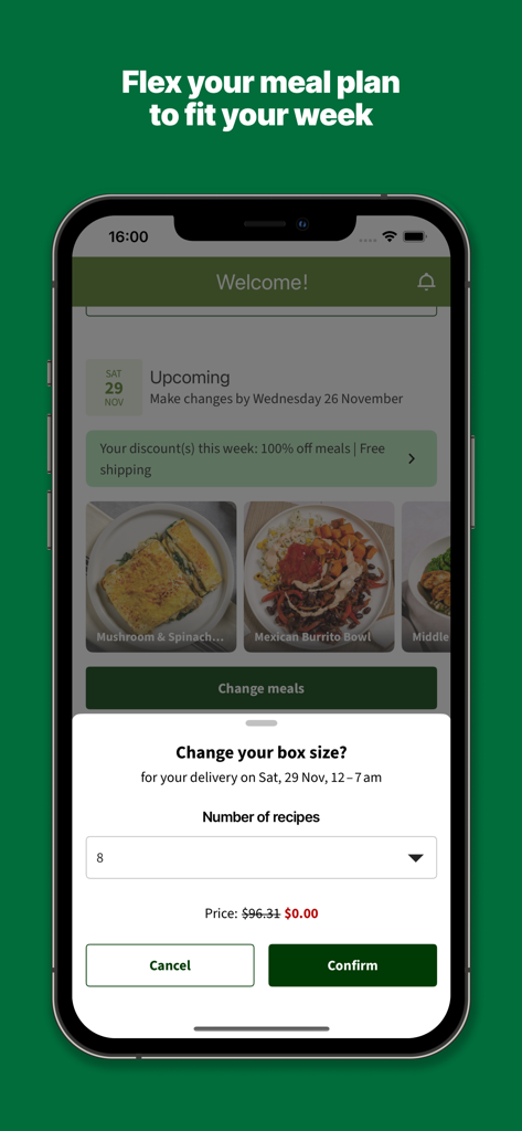 Youfoodz: Custom Meal Plan - Smartphone screen showing the Youfoodz app interface for changing box size and recipe quantities