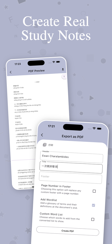 Chinese To Pinyin - Un - A mobile app interface displaying a PDF preview of Chinese characters with Pinyin and the Export as PDF settings screen for creating study notes.