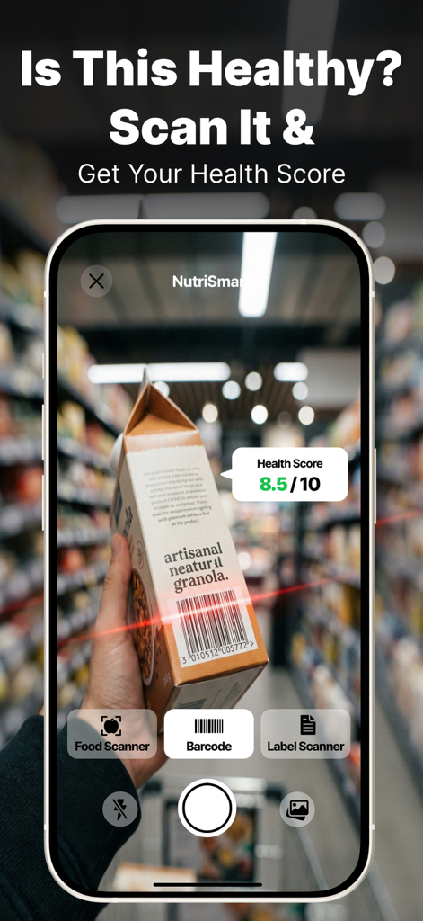 NutriSmart: Food Scanner - NutriSmartアプリが食料品店でグラノーラのバーコードをスキャンし、10点満点中8.5点の健康スコアを表示しています