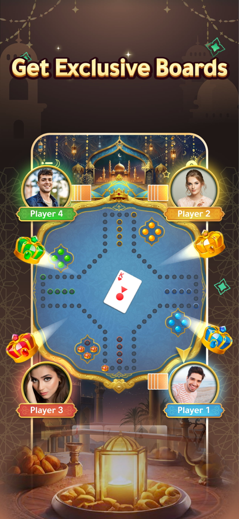 Jackaroo King - Original - Jackaroo King gameplay showing a four player strategic board game with cards and marbles on a decorative blue board.