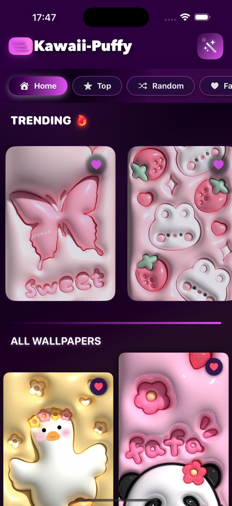 Puffy Kawaii Wallpaper - Interfaz de la aplicación Fondo de Pantalla Kawaii Esponjoso mostrando diseños de fondo estilo arcilla 3D.