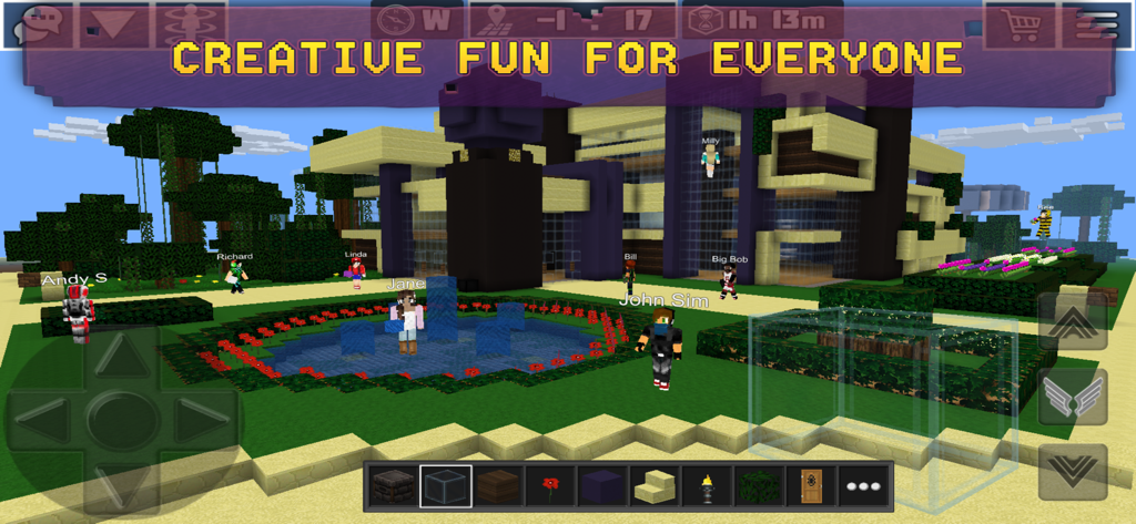 Exploration Lite - A 3D block-building game scene with several pixelated characters in front of a modern house and garden