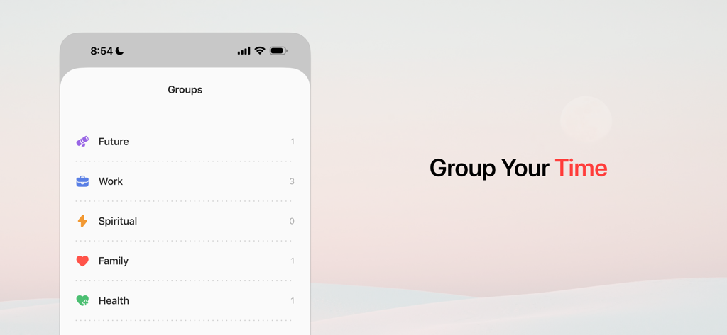 Momento - Planner - Momento app Groups screen showing categories like Work Family and Health with the text Group Your Time