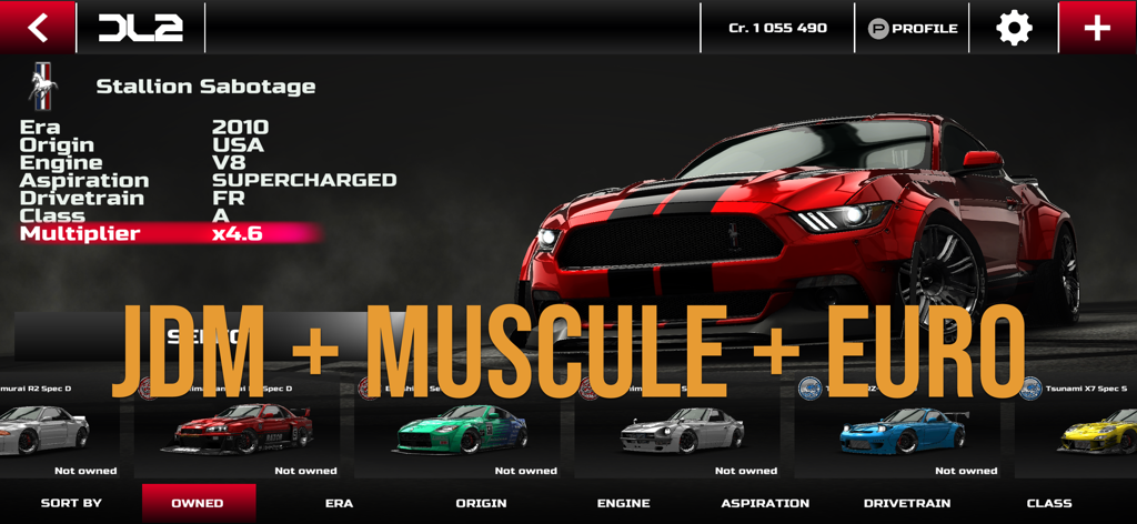 Drift Legends 2: Drifting Game - Drift Legends 2-Autorauswahl-Bildschirm, der einen roten Stallion Sabotage Muscle Car und verschiedene JDM- und europäische Driftcars zeigt