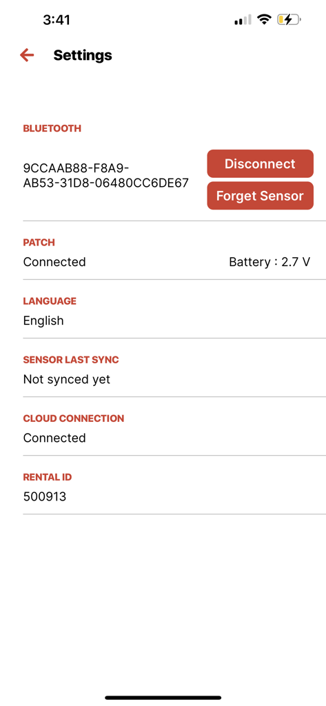 upBeat app settings screen showing Bluetooth sensor connection status and battery levels