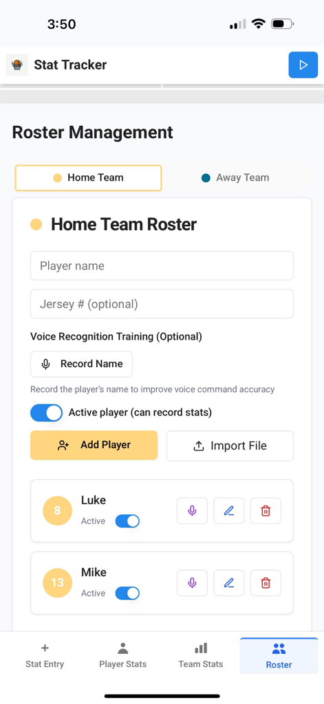 Basketball Stats Tracker - App - Roster management interface for adding players and training voice recognition for a basketball team.