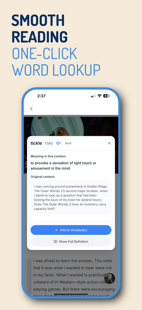 Lexioo app interface showing the one-click English word lookup feature with contextual definitions.
