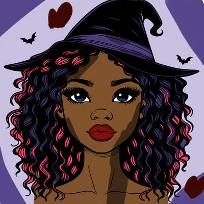 realistic black girl with wavy hair and witch hat and nose and lips