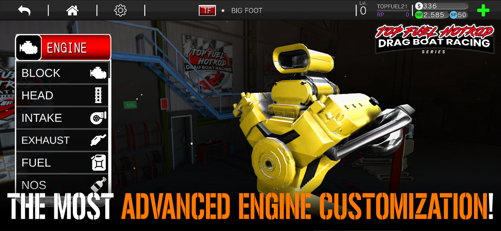 Advanced engine customization menu in the Drag Boat Speed Racing Game