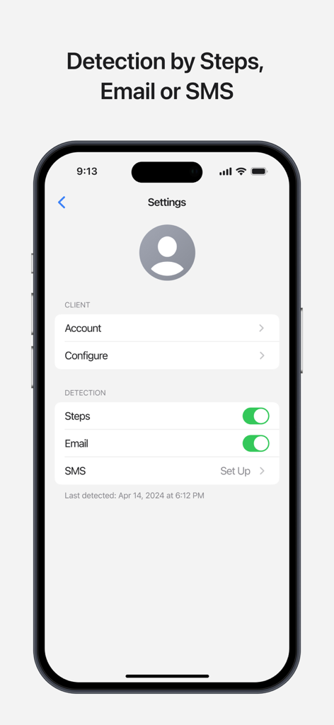 Dead man switch app settings screen showing detection triggers for steps and email