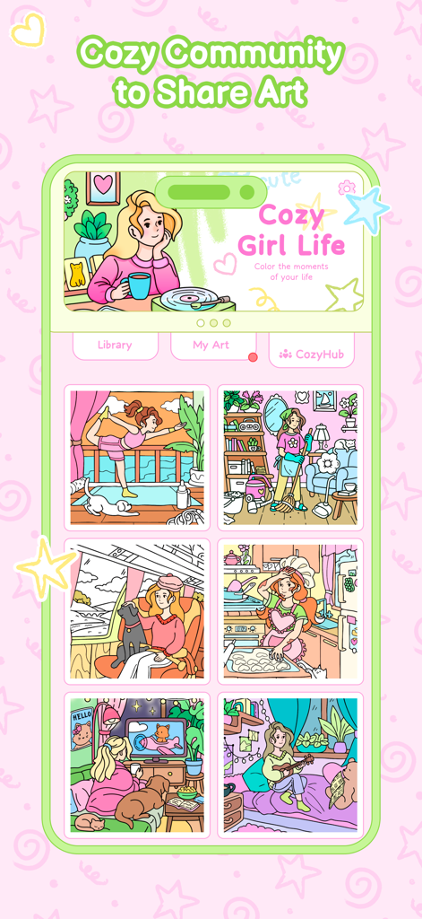 Cozy Girl Life: Coloring Book - Cozy Girl Life app community gallery with various lifestyle coloring pages