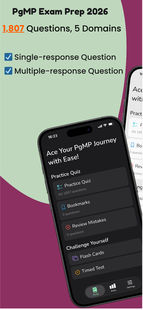 Interface of the PgMP Exam Practice app showing study modes including practice quizzes flashcards and timed tests