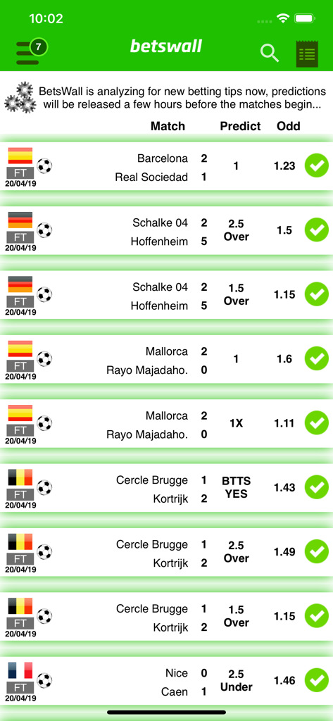 BetsWall mobile app interface showing a history of successful AI sports betting predictions for various soccer matches with results and odds