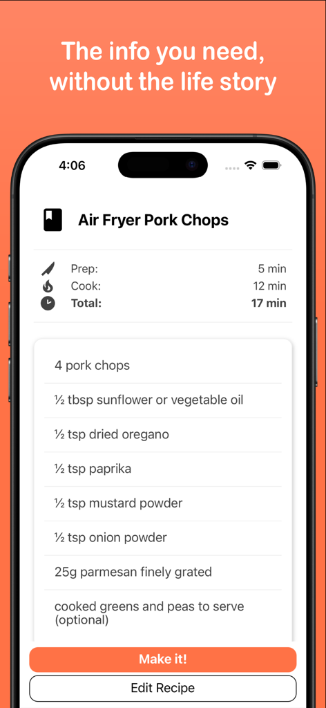 Pocket Cookbook - iPhone screen displaying a clean recipe for Air Fryer Pork Chops in the Pocket Cookbook app with prep times and ingredient list