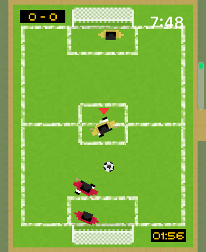 Draufsicht aus der Vogelperspektive auf ein pixeliges Arcade-Fußballspiel mit Anzeigetafel und Timer