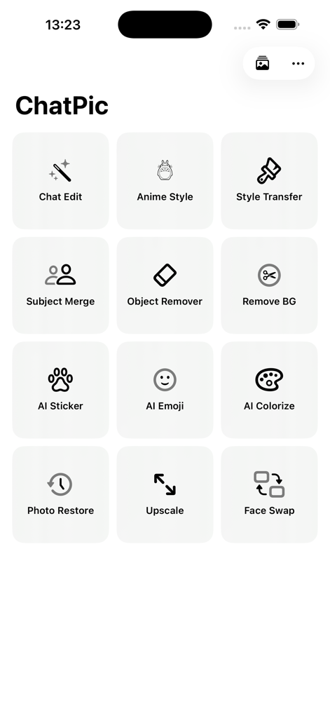 ChatPic – AI Photo Enhancer - Main menu of the ChatPic app showing a grid of AI photo editing features including Chat Edit, Anime Style, Object Remover, and Face Swap.