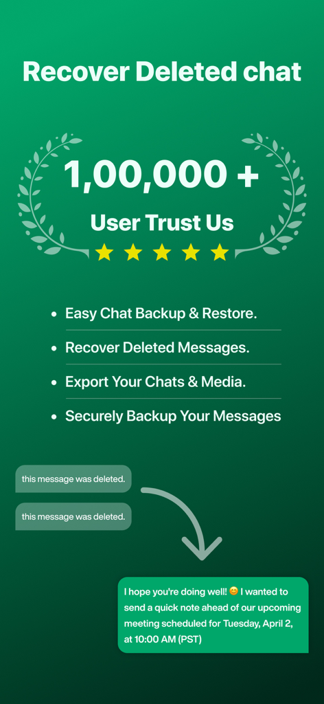 Pantalla de la aplicación que muestra las funciones para recuperar mensajes eliminados y asegurar copias de seguridad de chats con más de 100,000 usuarios de confianza