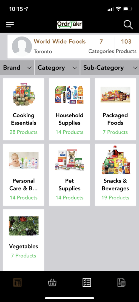 Interfaz de la aplicación móvil OrderTakerCRM que muestra un catálogo de productos mayoristas categorizado para representantes de ventas de campo.