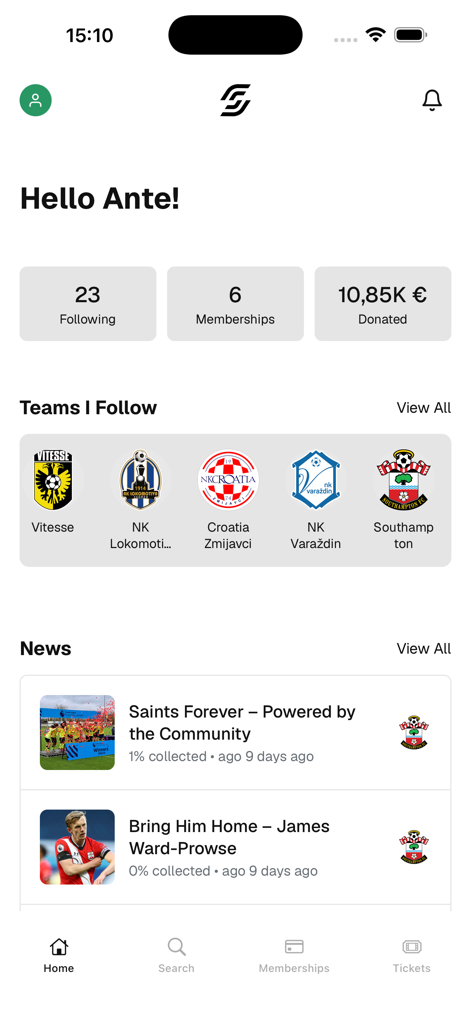 Sportify - Home dashboard of the Sportify app showing fan memberships, total donations, and followed sports clubs