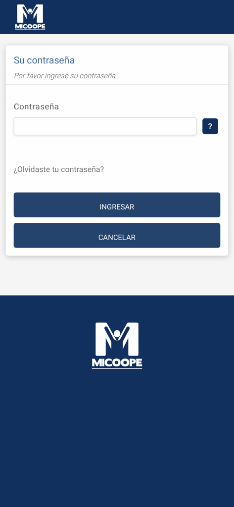 Micoope en Linea - Pantalla de inicio de sesión para la aplicación Micoope en Linea mostrando el campo de entrada de contraseña y los botones de inicio de sesión en español