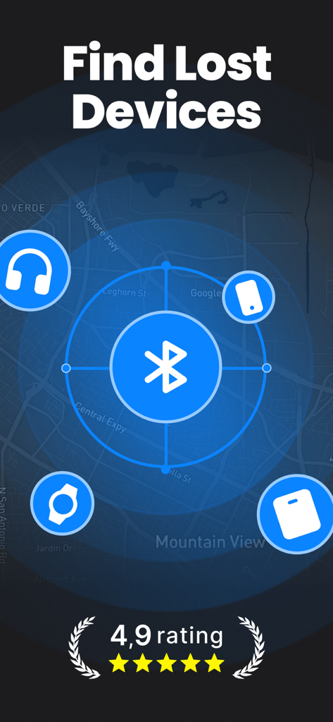 Interfaz de la aplicación Device Finder que muestra un mapa de radar con iconos de auriculares y relojes inteligentes para localizar dispositivos Bluetooth perdidos