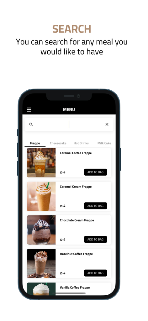 A smartphone displaying the Touche La Bouche Coffee House app menu with various frappe options and a search bar.