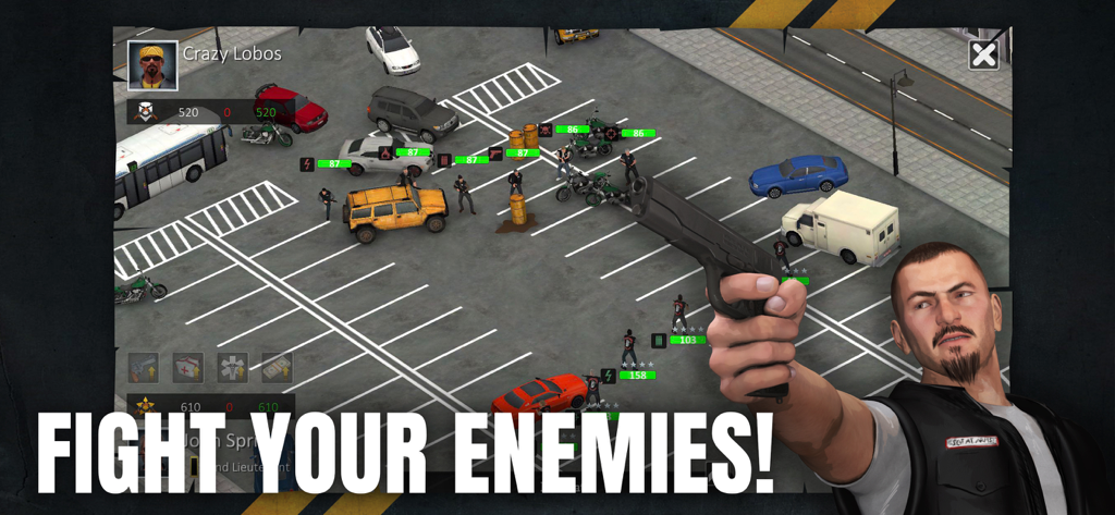 Bloody Roads, California - A biker character holding a handgun over a tactical parking lot battle scene in the Bloody Roads California game
