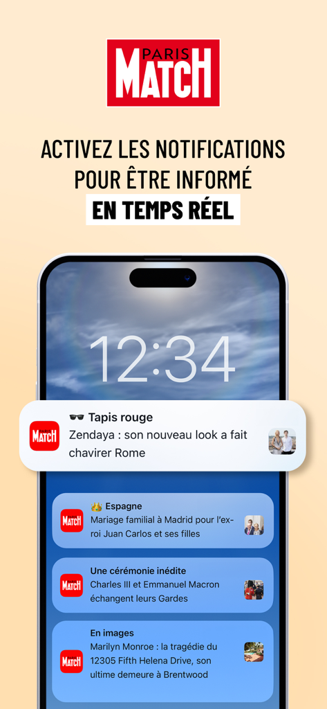 Paris Match : actu & people - Tela de bloqueio de um smartphone mostrando várias notificações de notícias em tempo real do aplicativo Paris Match cobrindo celebridades e realeza