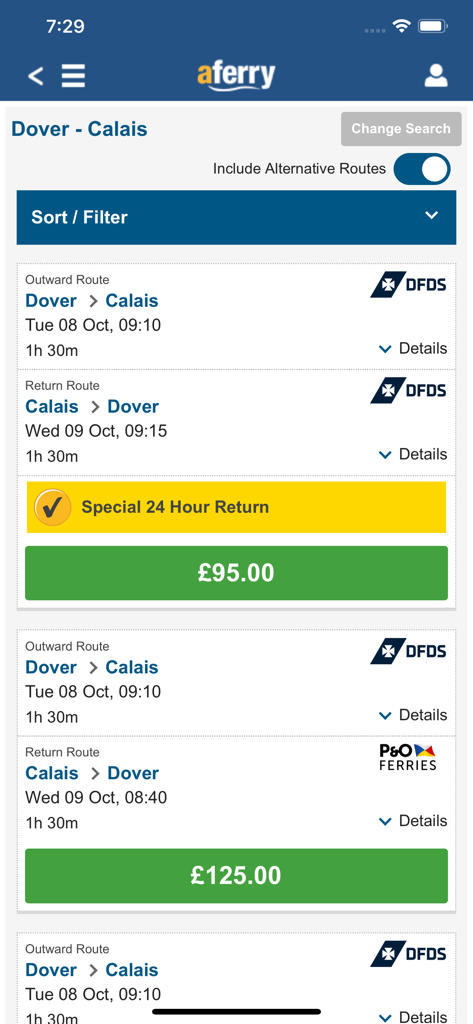 Search results on aFerry app for Dover to Calais ferry routes showing prices and times