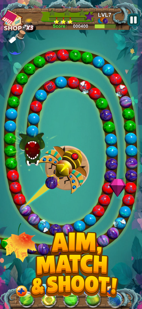 Marble Jungle: Blast Master 3D - A beetle shooting colored marbles into a spiral track in Marble Jungle Blast Master 3D