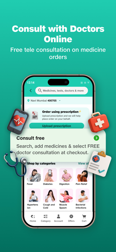 Netmeds app interface showcasing free online doctor consultation and health categories