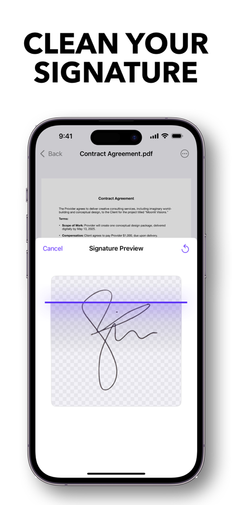 ZipSign: Signature Maker - Mobile app interface showing a clean handwritten signature preview over a PDF contract.
