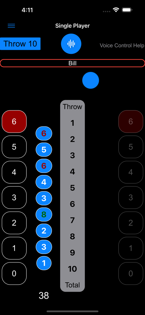 Axe Tracker mobile app screen showing a single player practice session with voice control enabled and a list of scores for ten throws