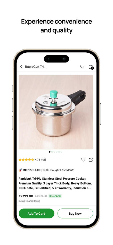 Product page of a stainless steel pressure cooker on The Indus Valley mobile app