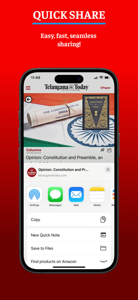 Telangana Today - iPhone screen displaying the Telangana Today app quick share menu for news articles