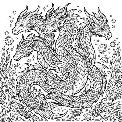Embark on an epic underwater journey with this captivating multi-headed sea beast coloring page. This intricate design features a magnificent draconic creature amidst a rich marine environment, perfect for unleashing your artistic flair.